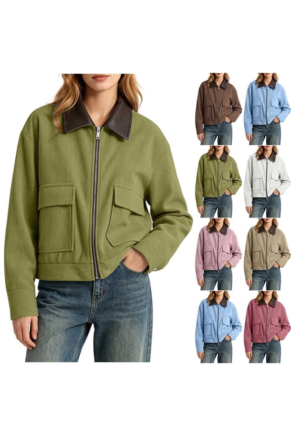 Womens Bomber Jacket Corduroy Splicing Leather Collar Coat Fall Winter Lightweight Utility Zip up Baseball Long Sleeve Jacket with Pockets Watermelon Red