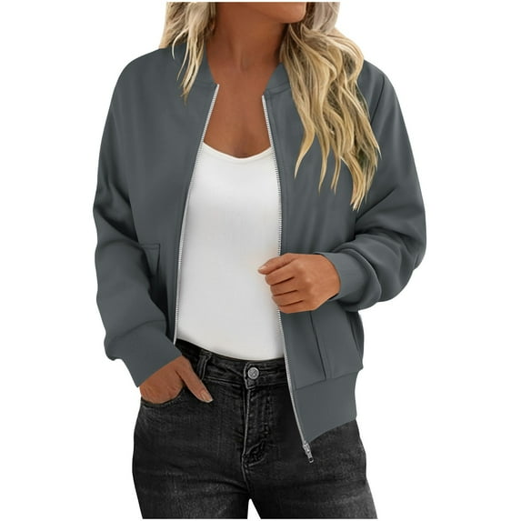 Womens Bomber Jacket, Fall Coats for Women Winter Fashion Loose Fit Solid Color Full Zip Up Jacket with Pockets