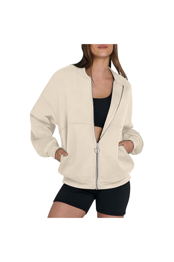 Womens Bomber Jacket Lightweight Stand Collar Zip Up Coat Puff Long Sleeve Fall Fashion Jackets with Pockets