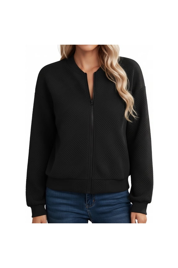 Womens Bomber Jacket, Ribbed Cuffs Polyester Knit Black Zip Up Casual Jacket, Lightweight Spring Fall Outerwear