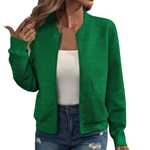 Womens Bomber Jacket Trendy Textured Full Zip Up Jackets Casual Fall Crew Neck Long Sleeve Coat with Pockets