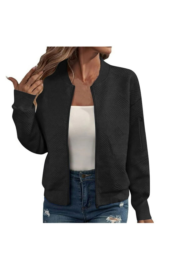 Womens Bomber Jacket Women's Loose Long Sleeved Sweatshirt with Zipper Jacket Casual Coarse Knitted Baseball Jacket with Pocket Loose Travel Jacket Oversized Outerwear Hiking Jacket