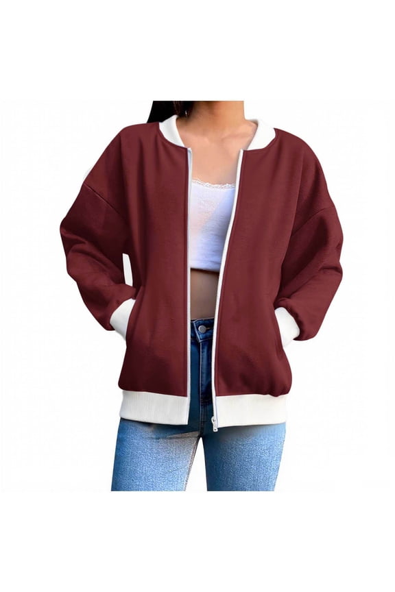Womens Bomber Jacket Zip Up Casual Color Block Jackets Lightweight Trendy Outerwear Coat with Pockets