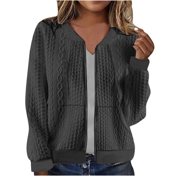 Womens Bomber Jacket Zip Up Cropped Sweatshirt Cardigan Long Sleeve Solid Fall Casual Coat with Pockets, Dark Gray L