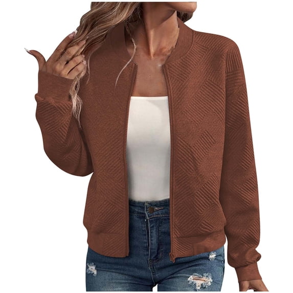 Womens Bomber Jacket, Zip Up Jackets for Women Fall Casual Loose Fit Warmth Solid Color Long Sleeve Coats with Pockets S-2XL
