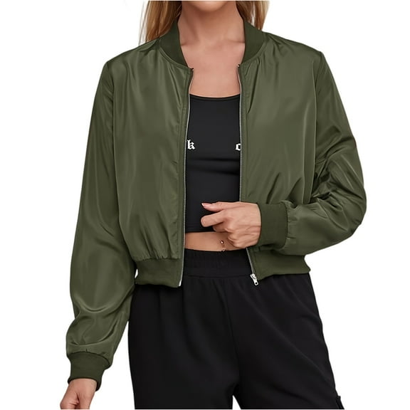 Womens Bomber Jacket and Zip-Up Light Weight Jackets Womens with Ribbed Cuffs and Hem bomber coat women Trendy for All Seasons Army Green L