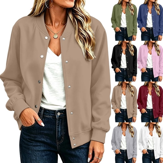 Womens Bomber Jackets Casual Baseball Athletic Long Sleeve Shacket Coat Fleece Lined Fall Winter Trendy Jackets Lightweight Casual Outerwear, Stand Collar Solid Color Camel M