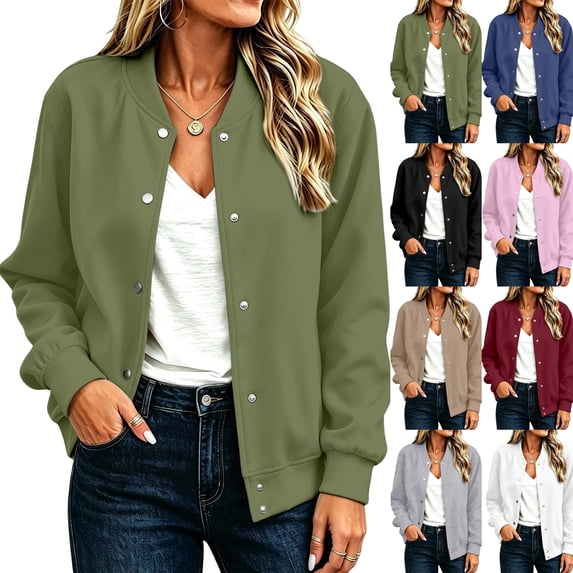 Womens Bomber Jackets Casual Baseball Athletic Long Sleeve Shacket Coat Fleece Lined Fall Winter Trendy Jackets Lightweight Casual Outerwear, Stand Collar Solid Color Army Green S