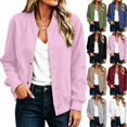 thumbnail image 1 of Womens Bomber Jackets Casual Baseball Athletic Long Sleeve Shacket Coat Fleece Lined Fall Winter Trendy Jackets Lightweight Casual Outerwear, Stand Collar Solid Color Pink S, 1 of 9
