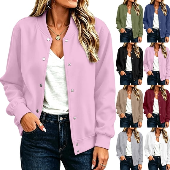 Womens Bomber Jackets Casual Baseball Athletic Long Sleeve Shacket Coat Fleece Lined Fall Winter Trendy Jackets Lightweight Casual Outerwear, Stand Collar Solid Color Pink S