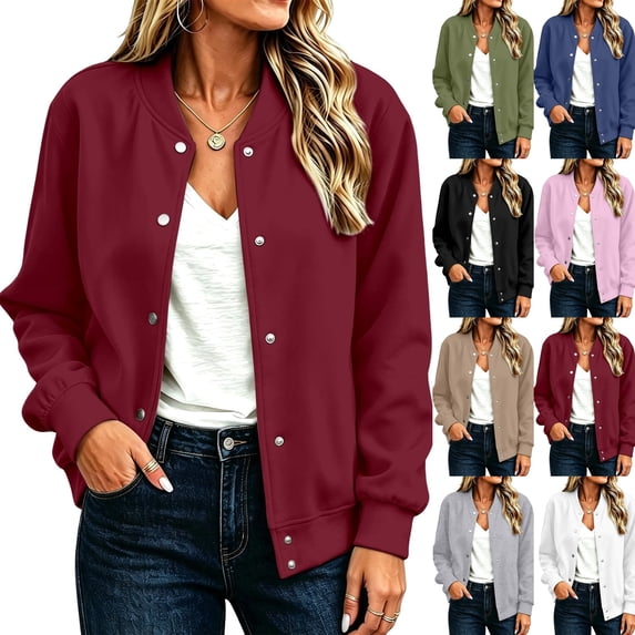 Womens Bomber Jackets Casual Baseball Athletic Long Sleeve Shacket Coat Fleece Lined Fall Winter Trendy Jackets Lightweight Casual Outerwear, Stand Collar Solid Color Red S