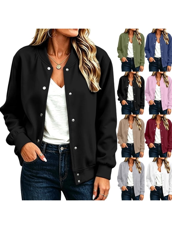 Womens Bomber Jackets Casual Baseball Athletic Long Sleeve Shacket Coat Fleece Lined Fall Winter Trendy Jackets Lightweight Casual Outerwear, Stand Collar Solid Color Black S