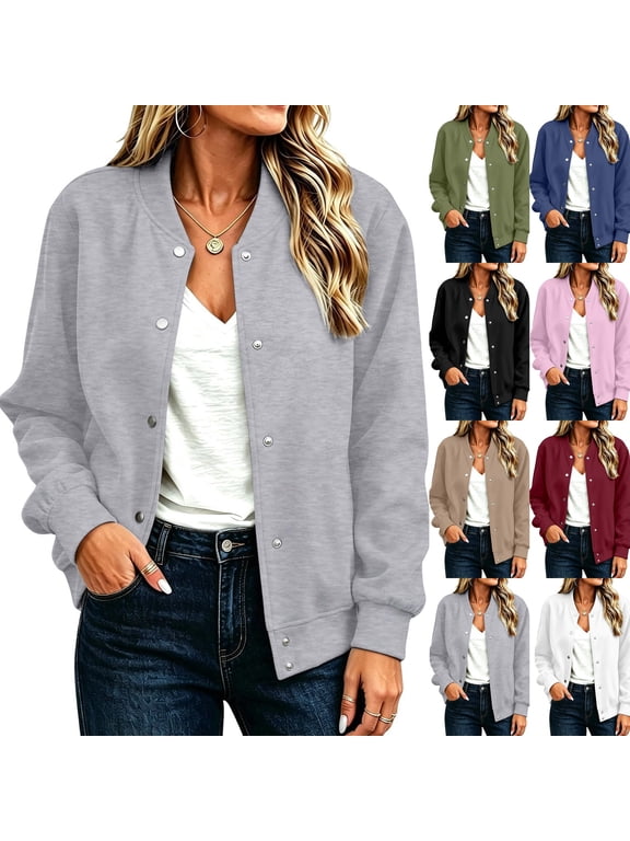 Womens Bomber Jackets Casual Baseball Athletic Long Sleeve Shacket Coat Fleece Lined Fall Winter Trendy Jackets Lightweight Casual Outerwear, Stand Collar Solid Color Gray 2XL