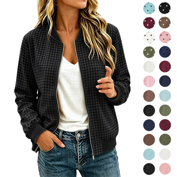 Womens Bomber Jackets Casual Lightweight Plaid Print Spring Fall Daily Wear Travel Zip Up Cardigan Jacket