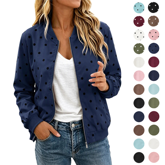 Womens Bomber Jackets Casual Lightweight Polka Dots Print Spring Fall Daily Wear Travel Zip Up Cardigan Jacket