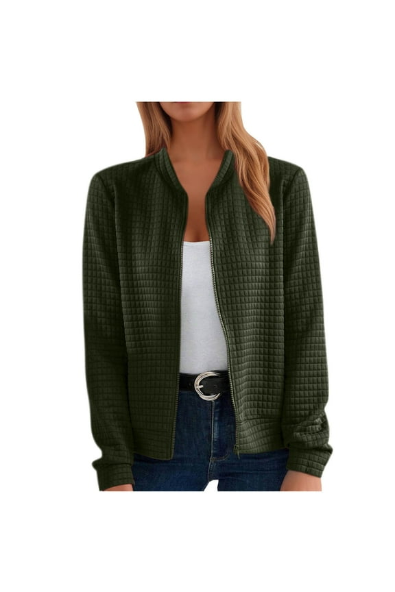Womens Bomber Jackets Lightweight Long Sleeve Stand Collar Shacket Jackets Waffle Knit Zip Up Coats Outerwear (Army Green 2XL )