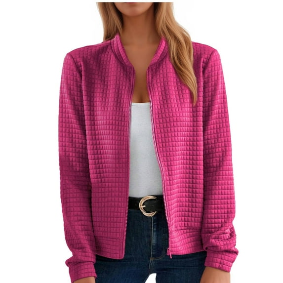 Womens Bomber Jackets Lightweight Long Sleeve Stand Collar Shacket Jackets Waffle Knit Zip Up Coats Outerwear (Hot Pink L)