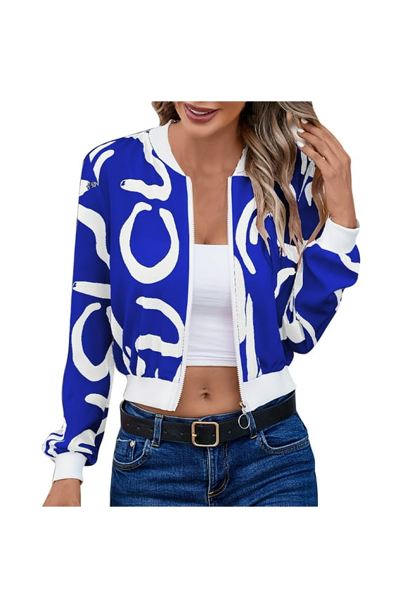 Womens Bomber Jackets Lightweight Zip Up Long Sleeve Coat Casual Stand Collar Print Baseball Jacket Pockets (Blue 2XL)