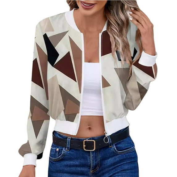 Womens Bomber Jackets Lightweight Zip Up Long Sleeve Coat Casual Stand Collar Print Baseball Jacket Pockets (Brown XL)