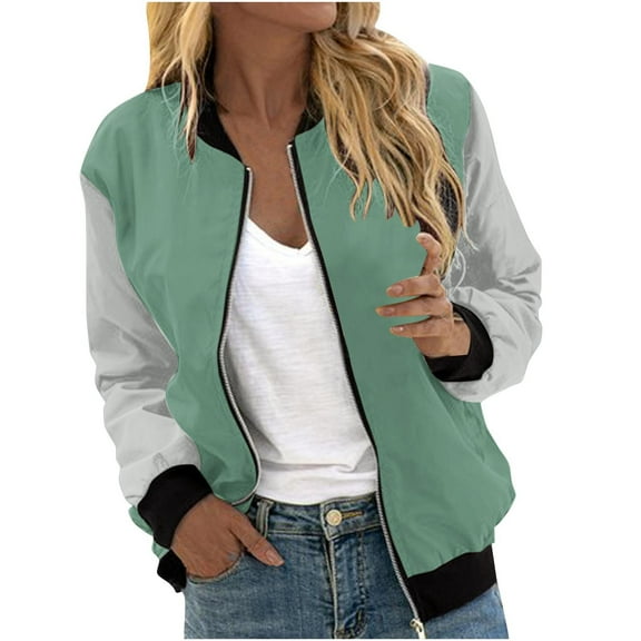 Womens Bomber Jackets Lightweight Zip Up Long Sleeve Coat Casual Stand Collar Print Baseball Jacket Pockets (Green S)