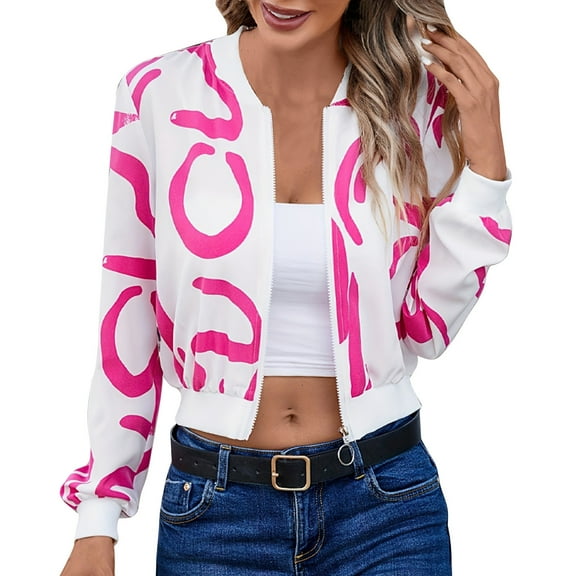 Womens Bomber Jackets Lightweight Zip Up Long Sleeve Coat Casual Stand Collar Print Baseball Jacket Pockets (Hot Pink 2XL)