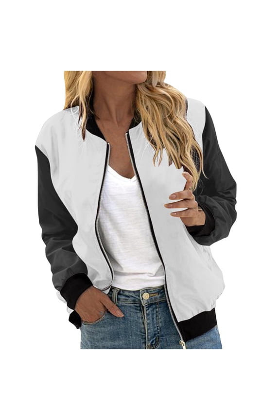 Womens Bomber Jackets Lightweight Zip Up Long Sleeve Coat Casual Stand Collar Print Baseball Jacket Pockets (White XL)