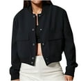 thumbnail image 1 of Womens Bomber Jackets Spring Long Sleeve Cropped Button Down Casual Varsity Coat with Pockets Outwear (M, Navy), 1 of 5