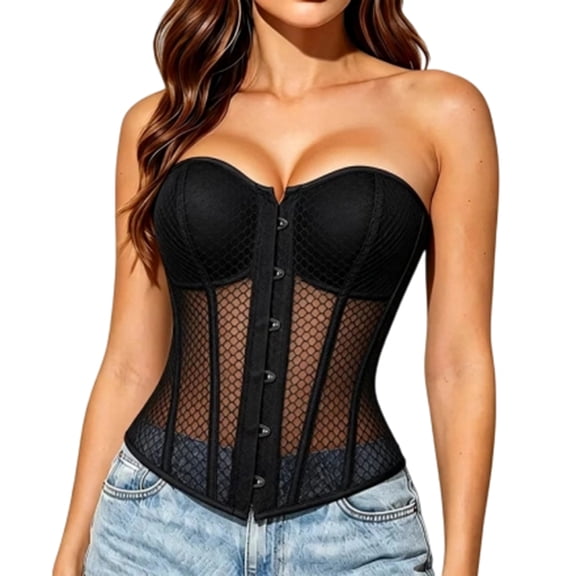 Womens Bones Mesh Hollow Out Breathable Strapless Corsets And Bustiers Lace Up Halloween Overbust