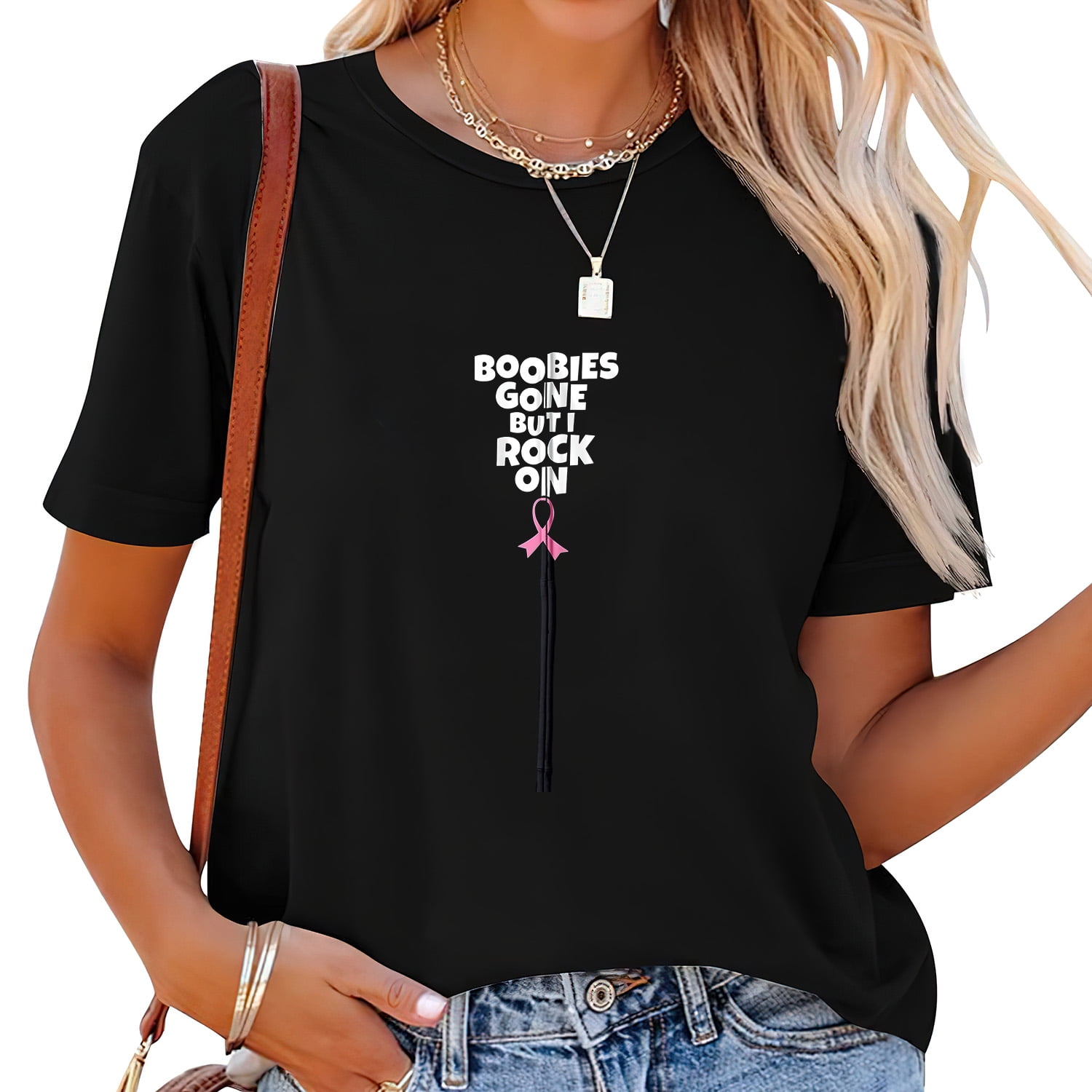 Womens Boobies Gone But I Rock On  Funny Breast Cancer Mastectomy T Shirt  Black 