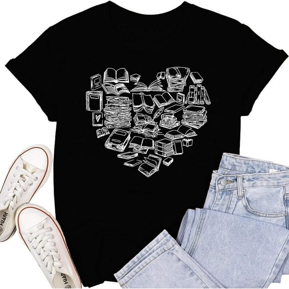Womens Book Shirts Book Lover Bookworms T-Shirt Reading Teacher Tee Book Heart Tops