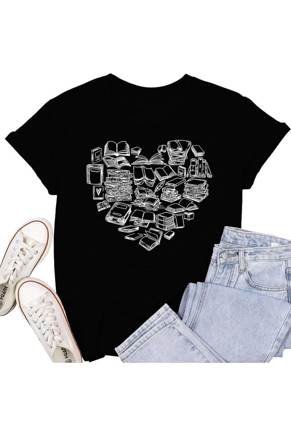 Womens Book Shirts Book Lover Bookworms T-Shirt Reading Teacher Tee Book Heart Tops