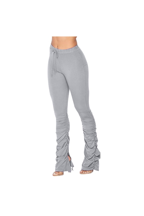 Womens Bootcut Pants Elastic High Waist Stretchy Ruched Drawstring Workout Pants Casual Slim Fit Trousers Tights