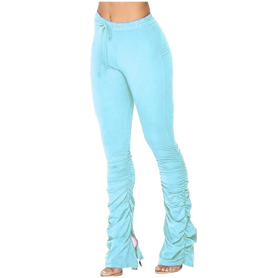 Womens Bootcut Pants Elastic High Waist Stretchy Ruched Drawstring Workout Pants Casual Slim Fit Trousers Tights