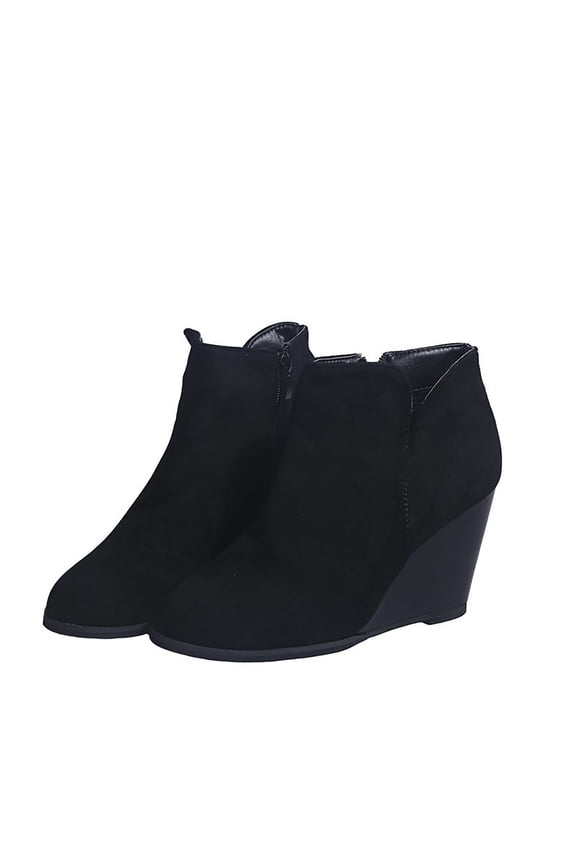 Womens Booties Ankle Boots With Heel Wedge Boots for Women Womens Ankle Boot Women's Wedge Bootie, Soft Vegan Suede, Easy Slip-On Design, Memory Foam, Wide Widths Available 3 Inch Pumps Black 5