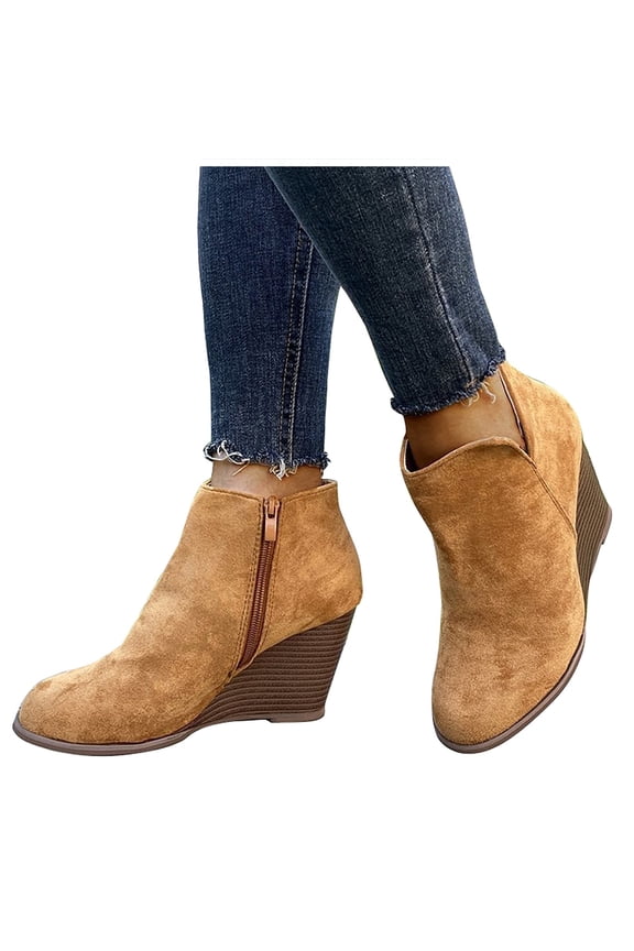 Womens Booties Wedge Boots for Women Womens Ankle Boot Wedge Boots Ankle Boots With Heel Mid Ankle Bootie w/Split Shaft and Zipper Stacked Wedge Heel 3 Inch Pumps Yellow 9