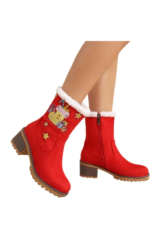 Womens Boots Christmas Embroidery Winter Snow Booties Lug Sole Stacked Mid Heel Side Zipper Warm Ankle Boots