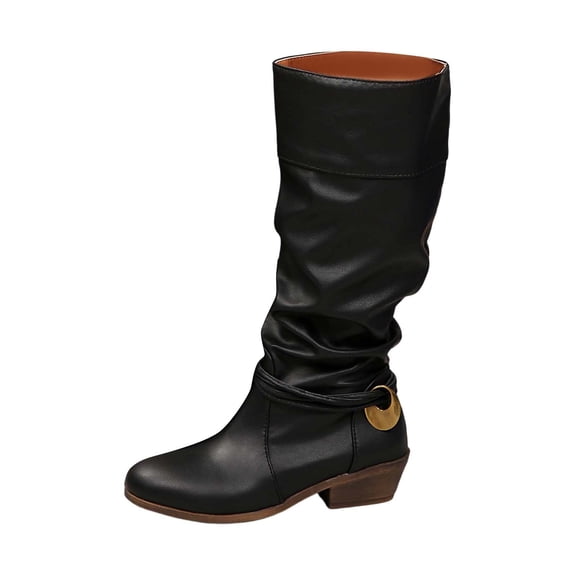 Womens Boots Chunky Heel Round Toe Knee High Booties 2025 Trendy Mid Calf Slip On Casual Women Boots