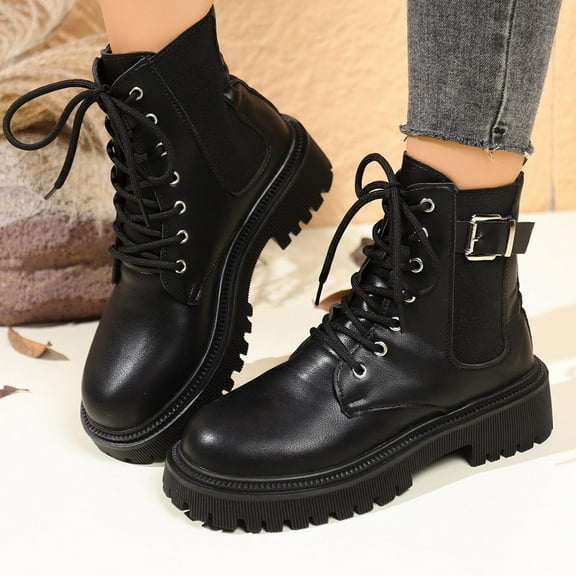 Womens Boots Chunky Heel Round Toe Lace Up Solid Color Belt Buckle Womens Mid-Heel Warm Ankle Boots Black 7