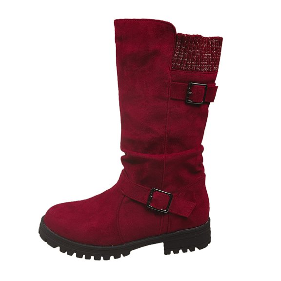 Womens Boots Chunky Heel Round Toe Slip On Booties Adjust Strap 2025 Trendy Mid Calf Casual Warm Snow Boots