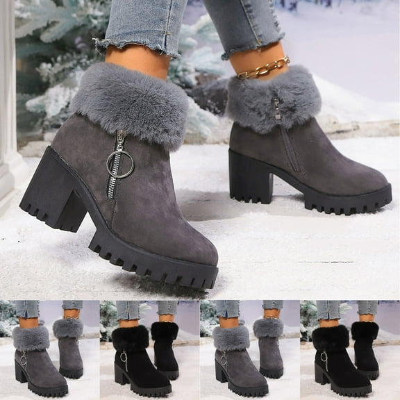 Womens Boots Chunky Heel Round Toe Warm Plush Thick Velvet Side Zipper Womens Ankle Fuzzy Boots Black 8.5
