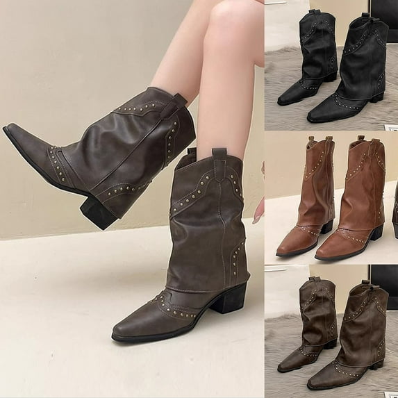 Womens Boots Chunky Mid Heel Pointy Toe Mid Calf Booties Casual Outdoor Dressy Comfortable Winter Warm Shoes for Women Brown 6.5