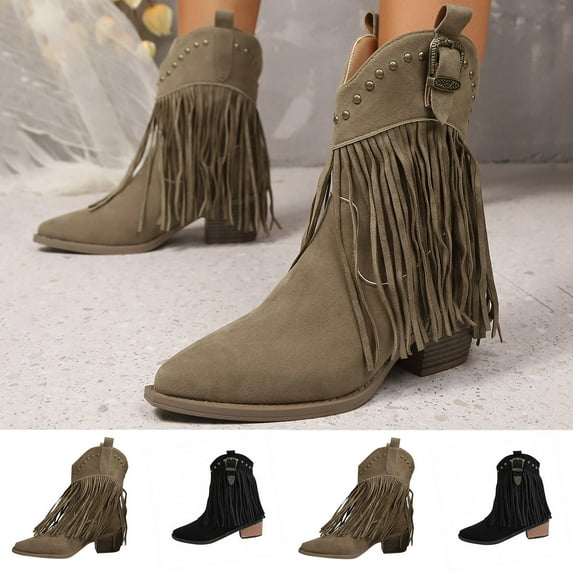 Womens Boots Chunky Mid Heel Pointy Toe Mid Calf Booties Fashion Casual Tassel Fall Winter Warm Shoes for Women Army Green 9.5