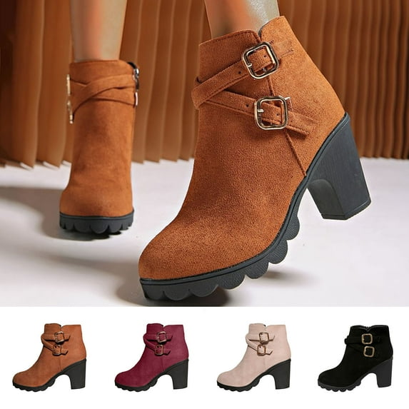 Womens Boots Chunky Mid Heel Round Toe Side Zipper Ankle Booties Casual Winter Buckle Short Boots Solid Color Winter Shoe for Women's Trendy Black 5.5