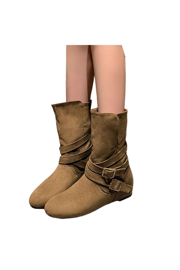 Womens Boots Fashion Strappy Suede Fold Over Ankle Booties Round Toe HIdden Wedge Low Heel Mid Calf Fall Boots Green 8