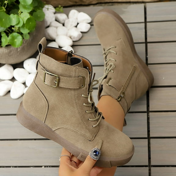 Womens Boots Flatform Low Heel Round Toe Lace-Up Ankle Booties Women Fashion Casual Comfortable Versatile Solid Color Fall Winter Shoes Khaki 9