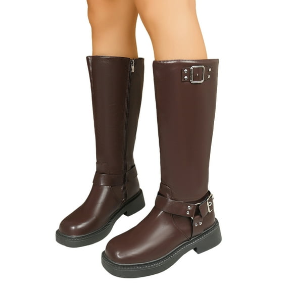 Womens Boots Foreign Trade Fall And Winter Women's Boots Cowboy Heel Low Heel High Boots Brown