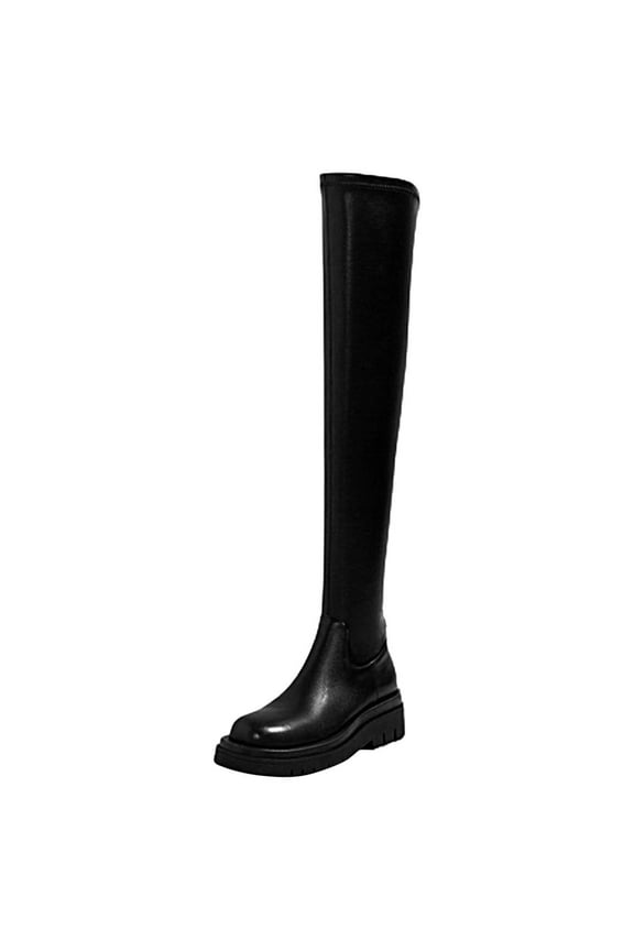 Womens Boots Knee High Tall Boots for Women Women's Fashion Leather Round Toe Solid Color Platform Over The Knee Boots(21.3 Inch)