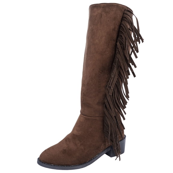 Womens Boots Low Heel Pointed Toe Slip On Booties with Tassels Fringe 2025 Trendy Wide Calf Casual Snow Boots