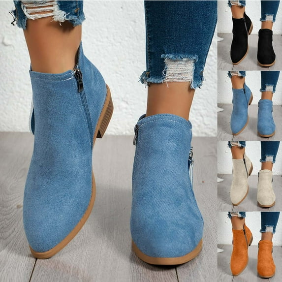 Womens Boots Low Heel Round Toe Ankle Short Boots with Side Zipper Women's Fashion Casual Versatile Warm Fall Winter Shoes Gray 7.5
