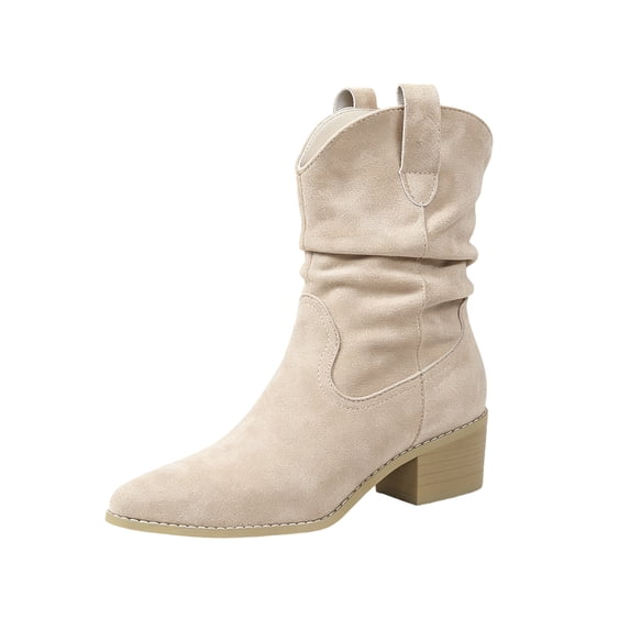 Womens Boots Pull-On Knee High Booties Slouchy Round Toe Low Heel Shoes Suede Stitched Welt Comfort Ankle Boots